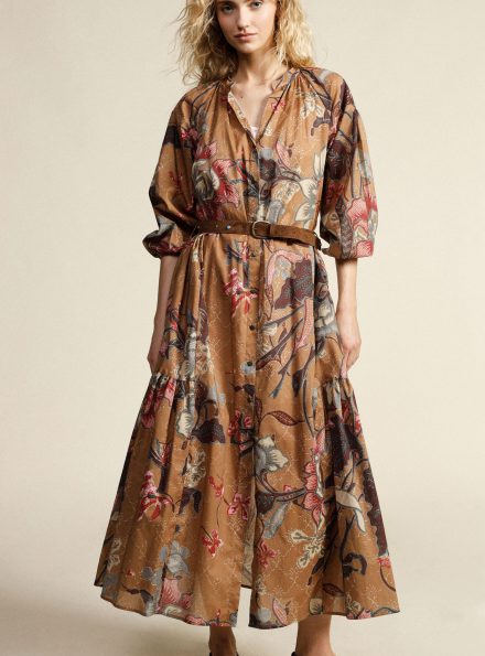 Long printed dress with buttons and belt