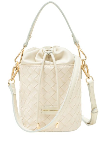 Woven Drawstring Bucket Bag Off White
