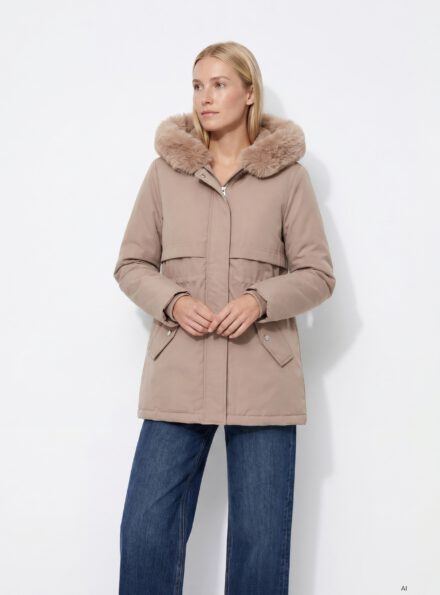 Warm Waterproof Faux Fur-Lined Parka – Taupe Beige