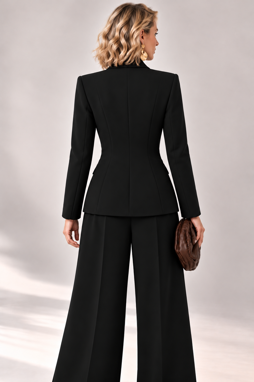 Back view_ blonde in black suit