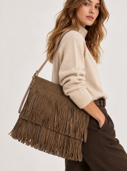 Suede-Effect Fringe Shoulder Bag – Taupe Brown