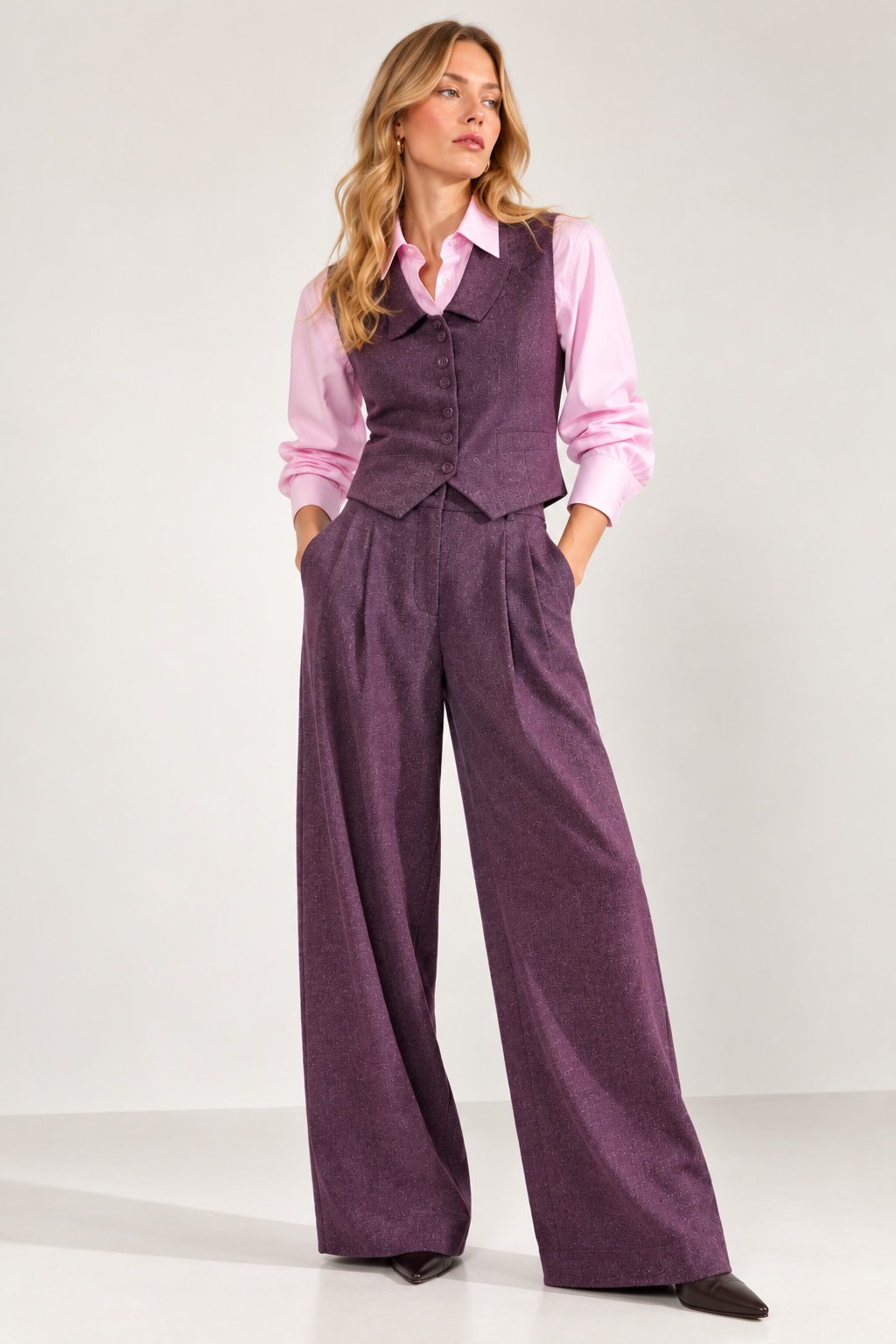 Plum Tweed Suit Editorial Pose